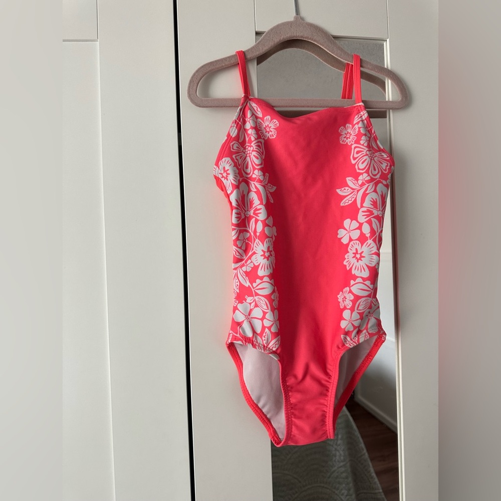 Old Navy One-piece Girls Swimsuit in Coral Hawaiian Floral Pattern